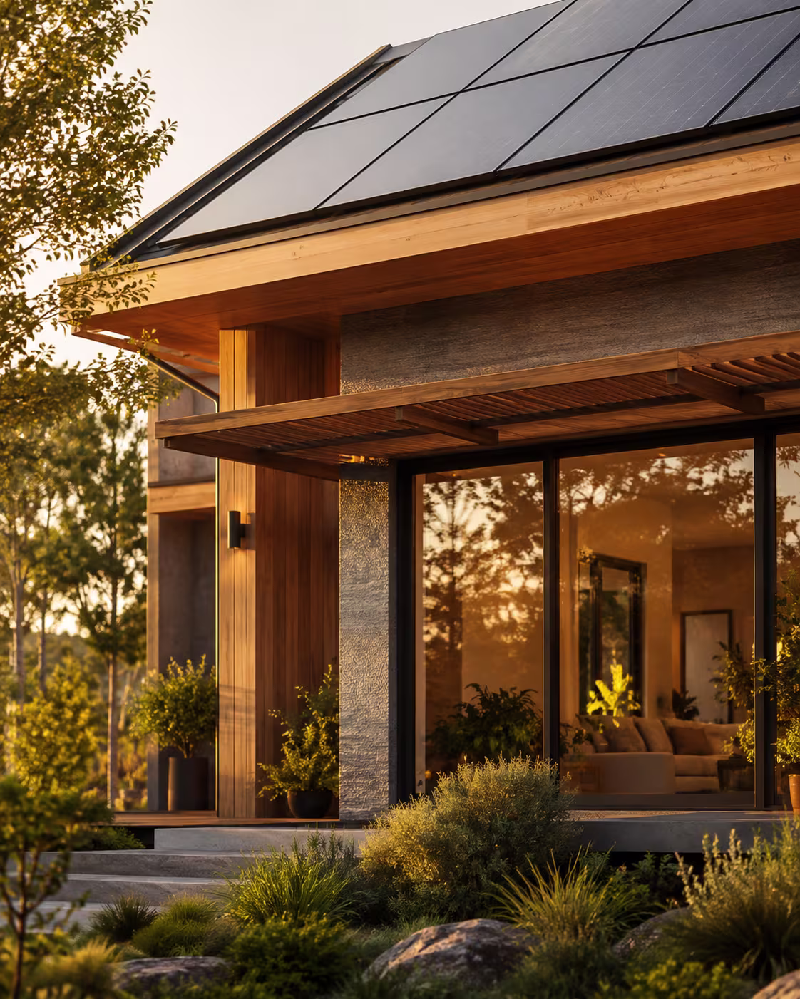 Sustainable home with rooftop solar panels at sunset